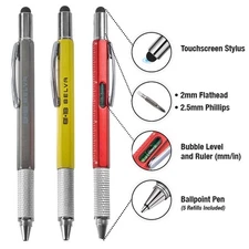 BAPEN3PK 6 in 1 Multifunction Tool Pen with 5 Refills - 3 Pack Gray Yellow Red