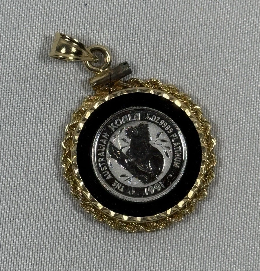 1991 THE AUSTRALIAN KOALA 1/20 oz .9995  Platinum & Onyx Pendant 14kt Gold Bezel - Image 3 of 4