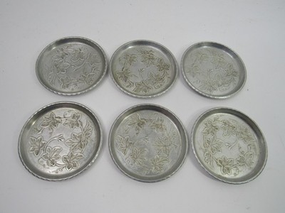 6 Vintage 3.5'' Drink Coasters Everlast Forged Aluminum Leaves Vine Pattern GUC