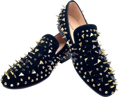 black dress shoes with gold spikes Men's Black Suede Loafers with Bold Gold Spiked Embellishments by Vercini Loafers Vercini 45