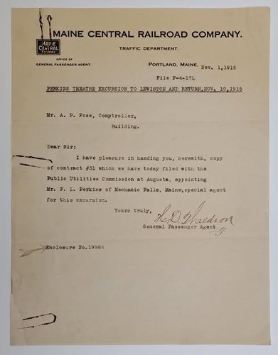 1915 Maine Central Railroad Perkins Theater Excursion Contract Lewiston Maine - Picture 2 of 5