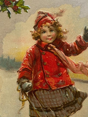 Antique Christmas Postcard Embossed Unused Set 2 AMP Girls Sled Series 403 LOT B - Afbeelding 5 van 8