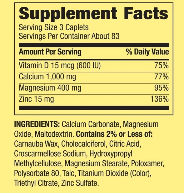 Spring Valley Calcium, Magnesium & Zinc Plus Vitamin D3 Coated Caplets,250 Count - Image 4 of 4