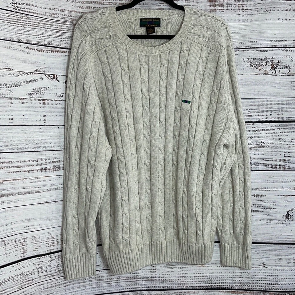 Suéter De Colección Alexander Julian Para Hombre Grande Algodón Cable Tejido Cuello Redondo Años 90 Foto 2 de 4