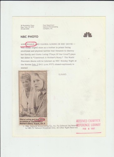 ANN JILLIAN-TONY Lo BIANCO "A MOTHER'S STORY" ORIGINAL PUBLICITY PHOTO 1-9-87 - Picture 2 of 2