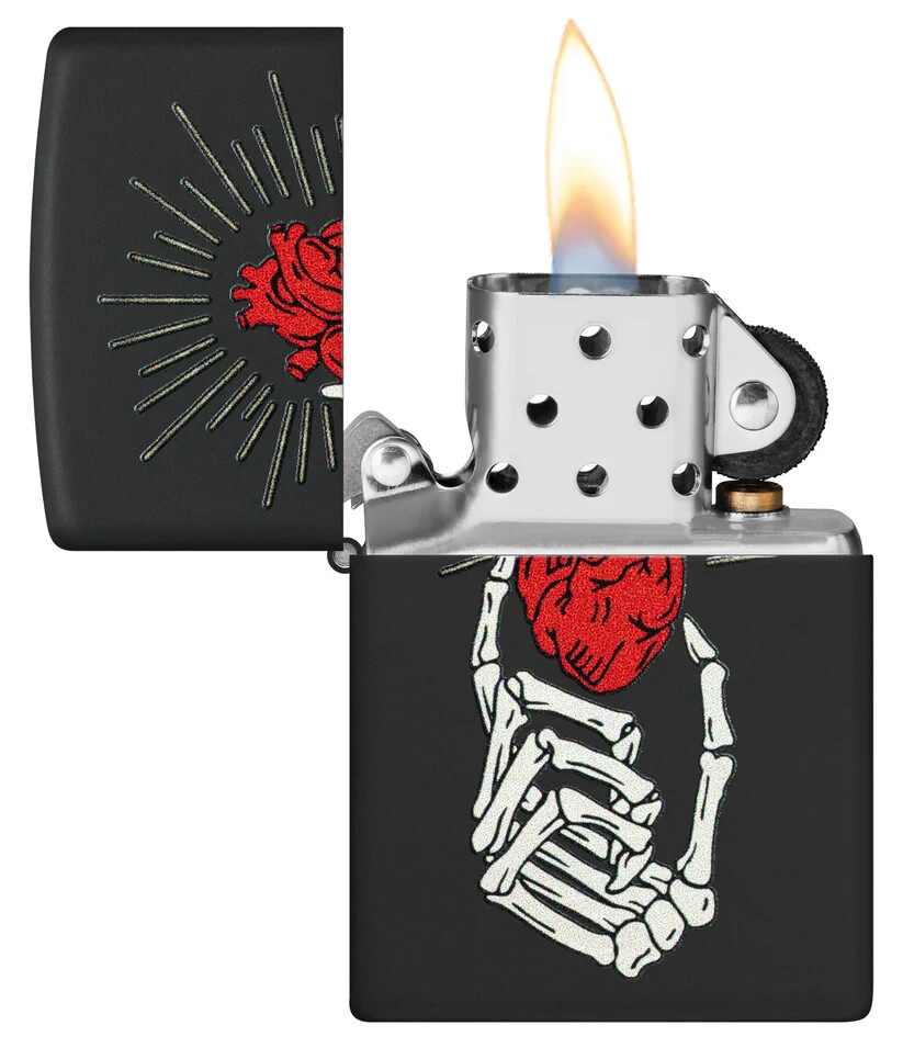 Zippo 46469, Skeletal Hand and Red Heart Design, Black Matte