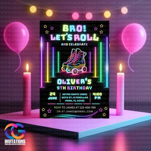Editable Neon Birthday Invitation, Let's Roll Boys Birthday Party Neon Template - Picture 5 of 10