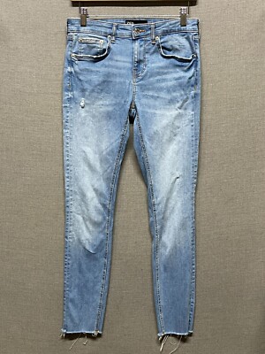 Zara Jeans Womens Blue Skinny Straight Mid Rise Distressed