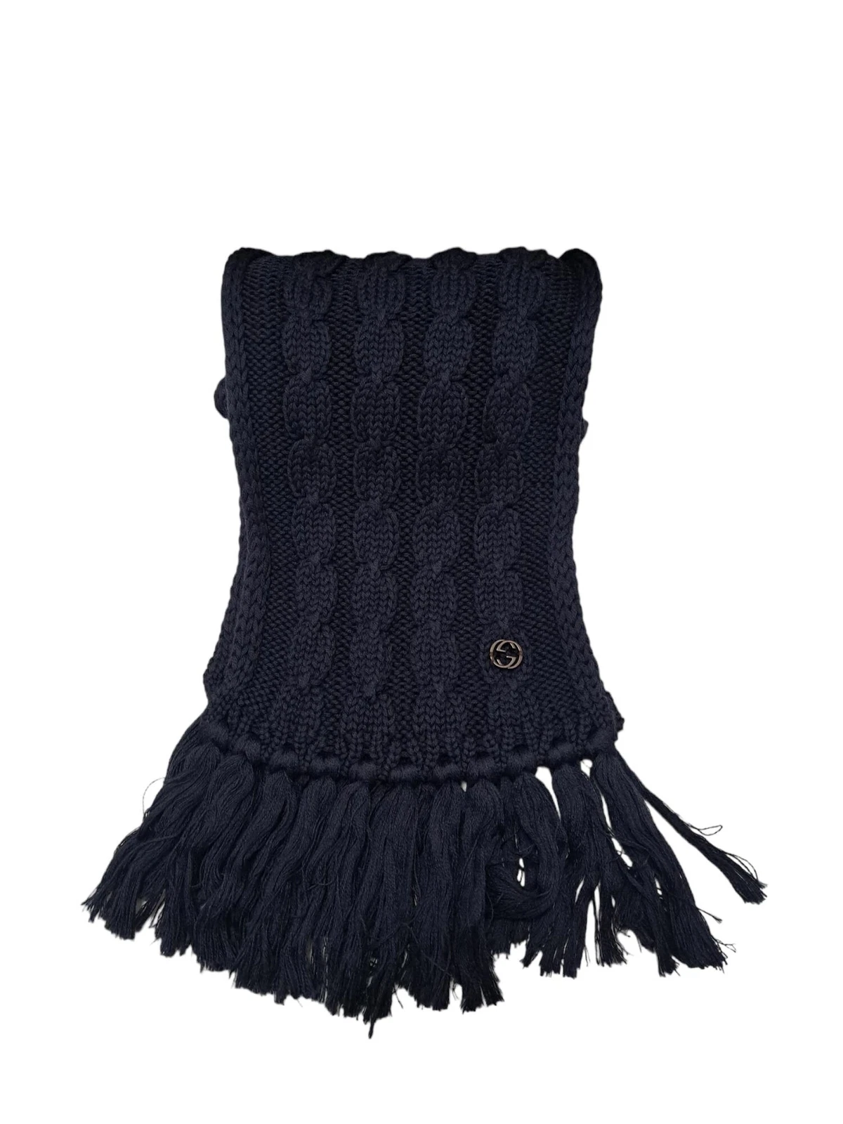 Authentic GUCCI Scamuffler cable knit GG interlocking G Navy blue wool 100 %