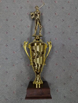 male golf trophy award textured finish gold cup wood block base 2810/CB10