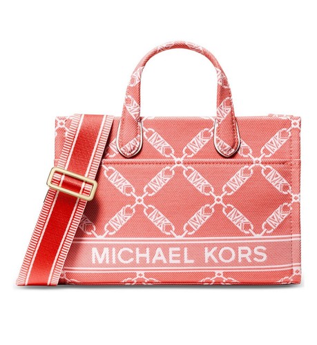 NWT Michael Kors Gigi Small Empire Logo Jacquard East West Messenger Bag Coral - Picture 10 of 12