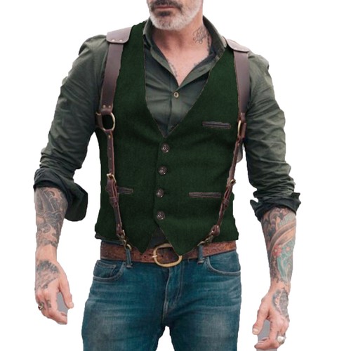 Mens Herringbone Vests Cowboy Hunting Retro Tweed Vintage Waistcoat For Wedding - Picture 20 of 23