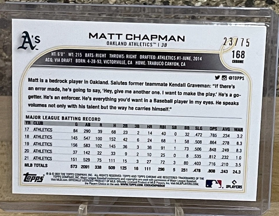 2022 Topps Chrome Sonic Blue & Yellow Pulse Refractor /75 Matt Chapman #168 - Image 2 of 3