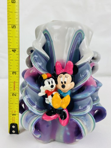 Candela colonna nastro scolpito a mano Minnie Mouse rosa e viola pastelli 5" vintage - Foto 2 di 9