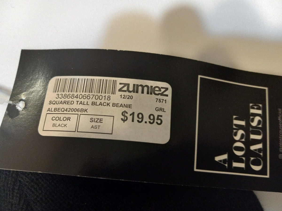 Zumiez A Lost Cause Black Squared Tall Beanie Adult One Size NWT