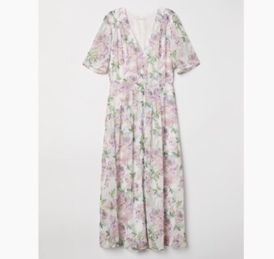 v neck chiffon dress h&m NWT H&M Long Sheer Chiffon Flounce-Trimmed V-Neck Dress Cream Pink/Floral Size M