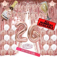 26th Birthday Rose Gold Decorations - 40" Number Balloons, Foil Curtains  More