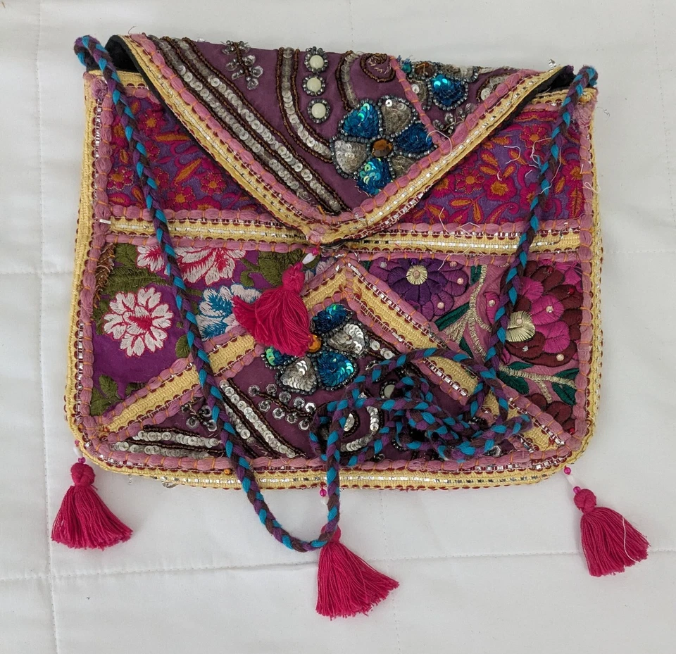 Ручной работы Banjara индийский клатч сумочка красный кисточки многоцветный богемное ретро через плечо - Изображение 2 из 4
