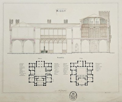 August von Voit - Rathaus Zeichnung drawing Architektur signiert 1854