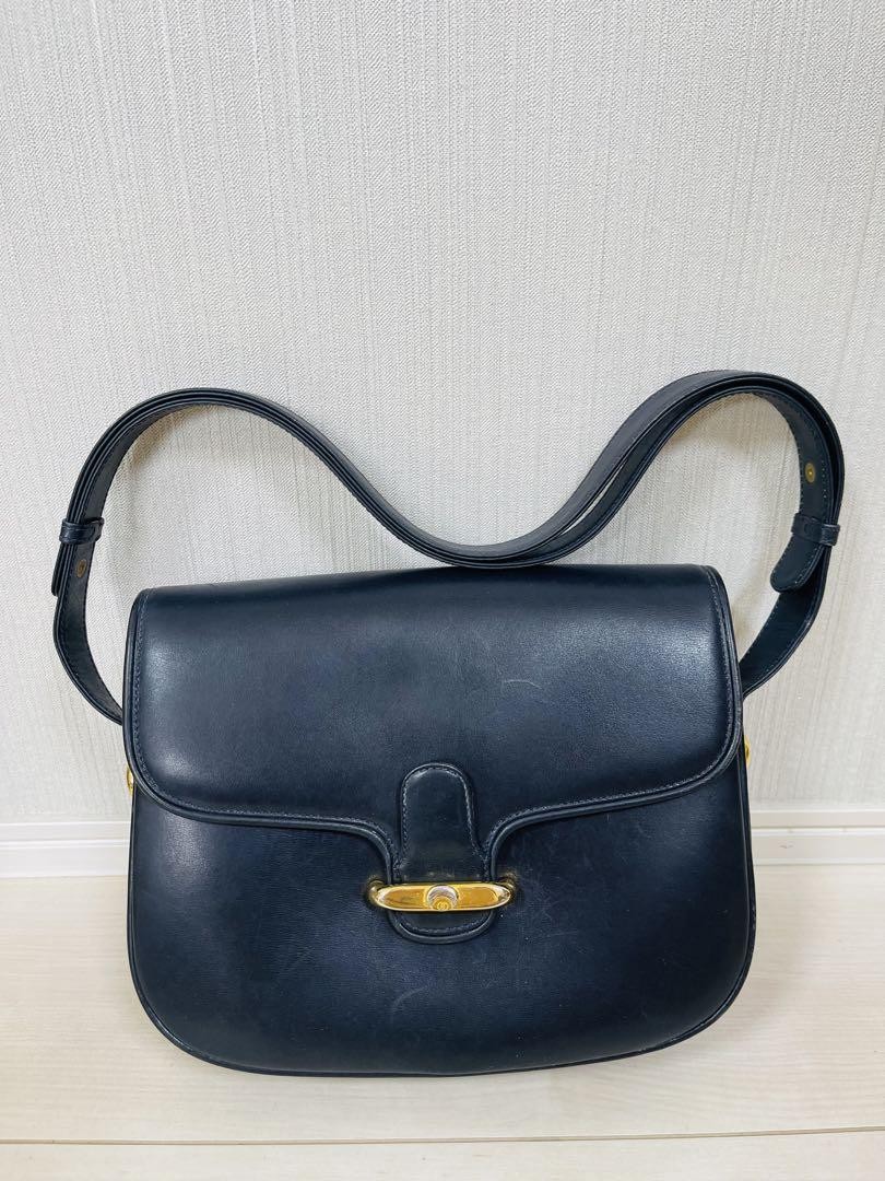 GUCCI Navy Leather Crossbody Bag with Gold Metal Fittings and Logo Unisex Made in Japan-image