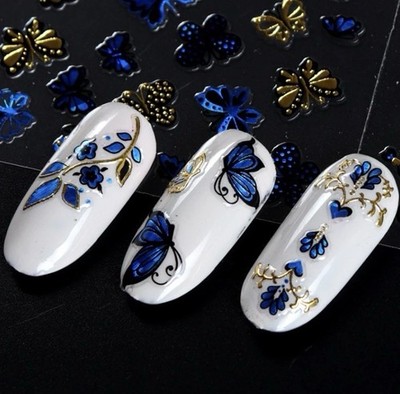 Blue Gold Black Butterfly 3D Self-Adhesive Nail Art Sticker Decals FAM-007