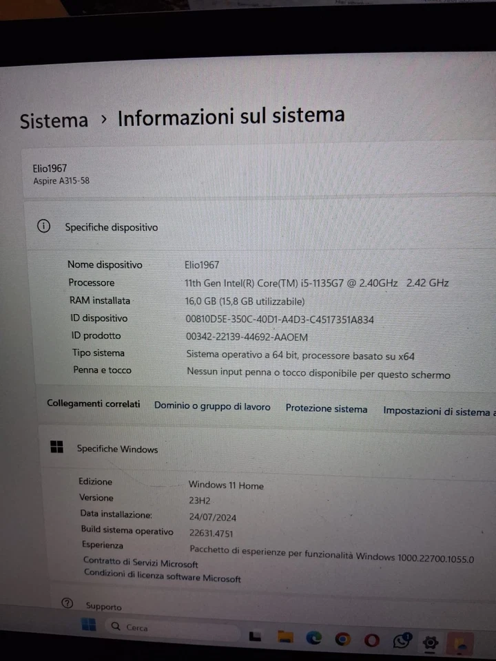 computer portatile Acer Aspire A315-58 Core i5 11a generaz. 16 GB RAM SSD 250 GB - Immagine 2 di 2