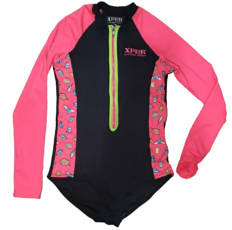 Xplor by Xcaret Mexico Girls Rash Guard Swimsuit Size 12 Pink Black UPF Zip