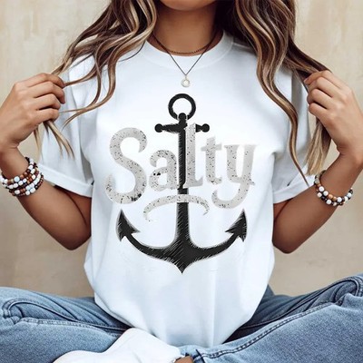 Anchor And Salty Print T Shirt Casual Summer Beach Wear