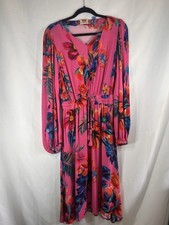 Farm Rio Long Sleeve Dress.  Sz S.  V-neck, Vibrant Print.  Tassel, Tie Waist 