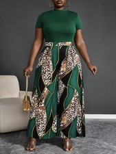 SHEIN Curve 2XL Green Leopard Geometric Wide Leg Pants Elastic Waist Palazzo GUC