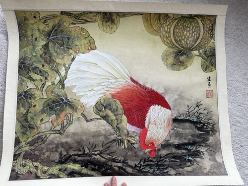 Quadro acquerello cinese vintage su carta gallo uccellino in ramo firmato come da foto - Foto 14 di 14