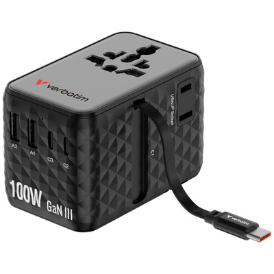Verbatim Charge 'n' Travel 100W GaN III Universal Travel Adapter with Retractabl