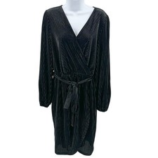 Simplee Dress WMNS XL Black Ribbed Velvet Tulip Long Sleeve Wrap Party Formal