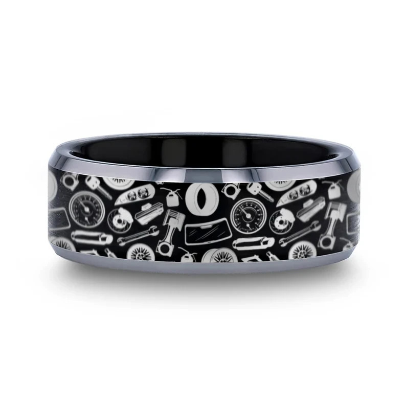 Black Unisex Adults Tungsten Car Mechanic Auto Parts Wedding Ring