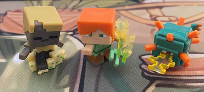 Minecraft Mini Figure: Alex channeling trident, Husk, laser firing guardian