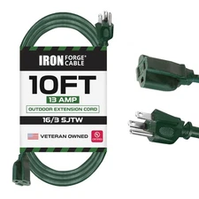 10 Ft Outdoor Extension Cord - 16/3 Durable Green Cable 3 Prong, Weatherproof