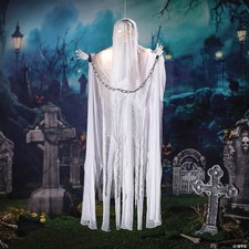 Halloween 5 Ft. x 25 1/2" Hanging Light-Up White Grim Reaper Animated Prop NEW