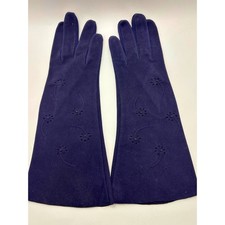 VTG Kislav Lavable Navy Blue Opera Gloves Floral Eyelet Suede Cloth 7.5 France
