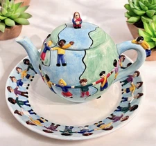 Save The Children Hand Painted Teapot & Plate Centrum Kids We Are The World