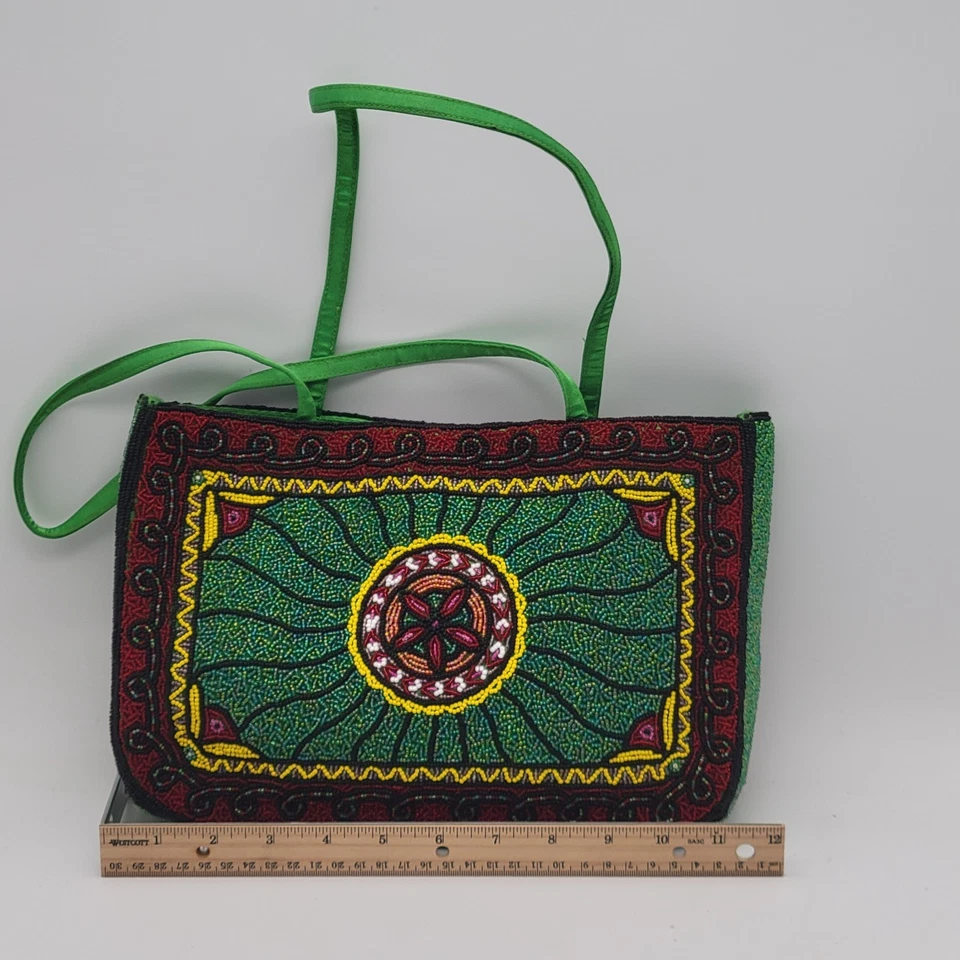 Barse Hand-Beaded Satin Purse Green Red Gold Boho Shoulder Bag - Image 2 of 4
