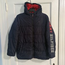 Tommy Hilfiger Navy Blue Puffer Jacket Hood Logo Down Sleeve Youth Size L 14/16