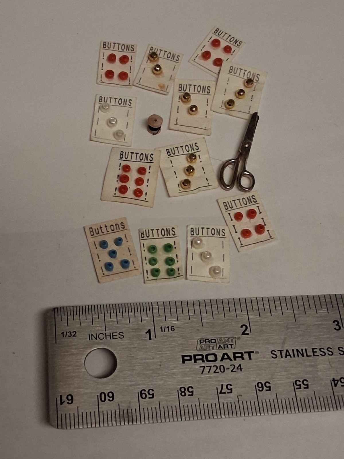 Dollhouse Miniature Lot Button Cards, Thread, Scissors 1:12 Scale