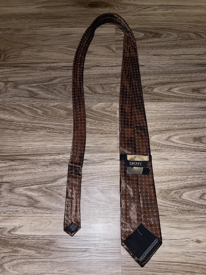 DKNY Necktie Mens One Size Brown 100% Silk Geometric Square Pattern Made in USA - Image 4 of 4