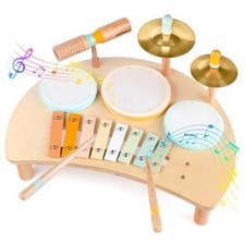 Kids Drum Set, Montessori Toys Wooden Musical Instruments for Baby Multicolored
