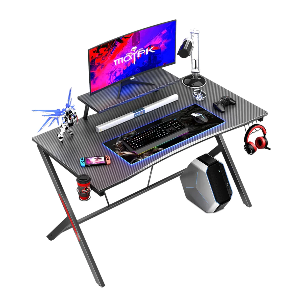 39 Inch Carbon Fiber Computer Gaming Desk with Raised Monitor