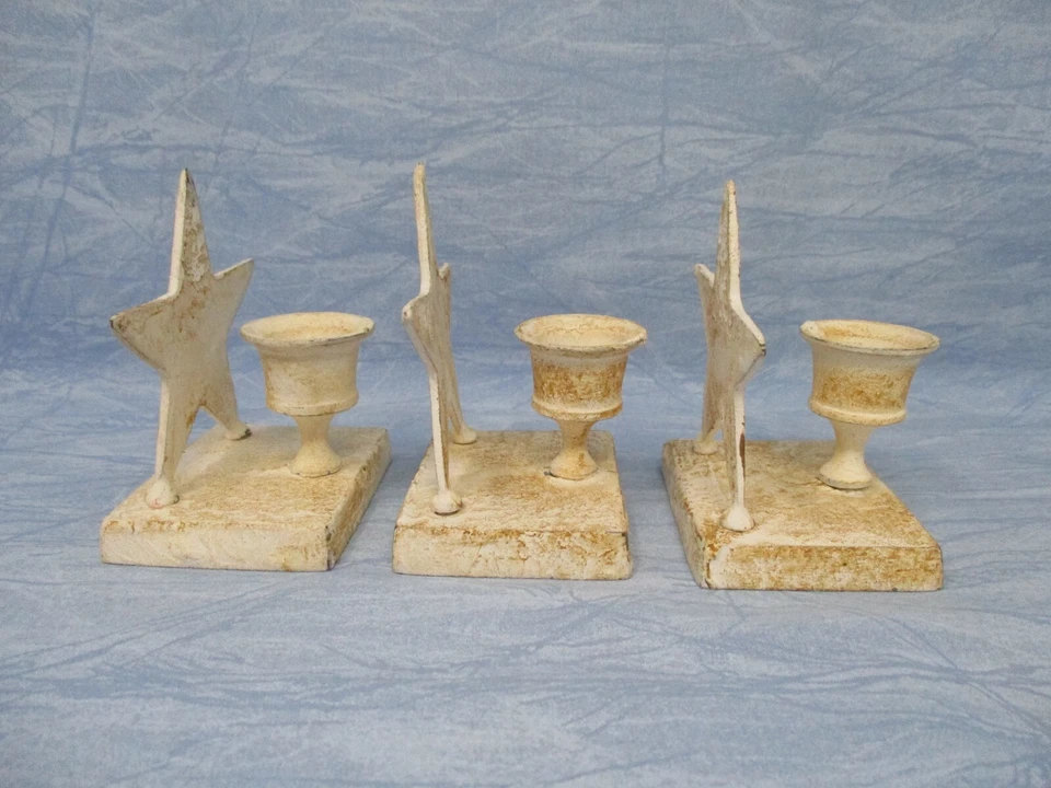 Juego de tres candelabros estrella de metal rústico país pintado blanco vela cónica Foto 4 de 4