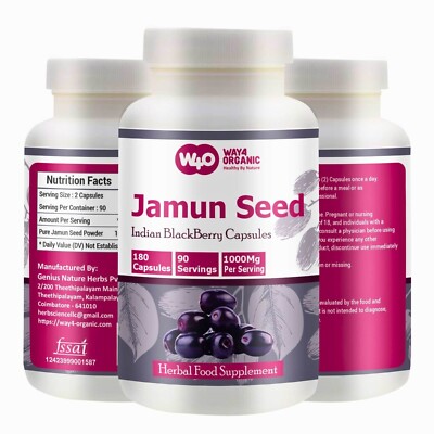 Jamun Seed Capsules - 180 Pills, 3 Months Supply, 1000 mg- (1 Pack)