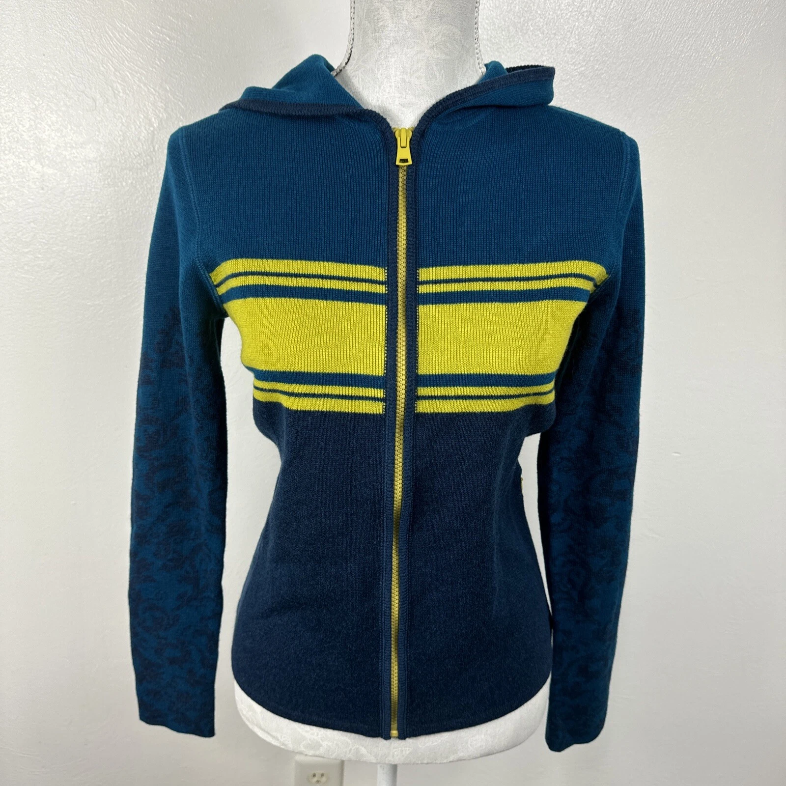 VETEMENTS Title Nine maglione donna XS misto lana con cappuccio zip blu giallo manica a contrasto