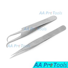 2 PC Eyelash Extension Tweezers Strong Curved Straight Stainless Steel Set