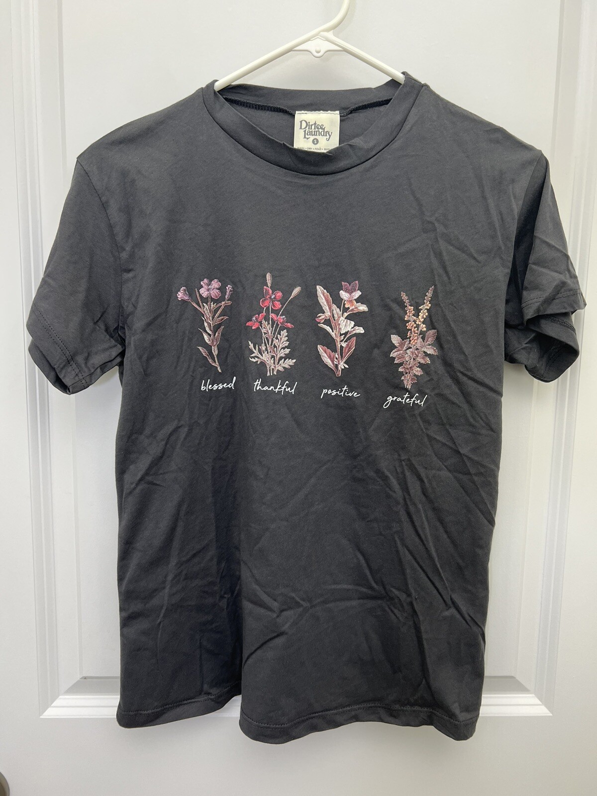 Dirtee Laundry Gray Garden Shirt with Flowers Blessed Thankful Positive Grateful